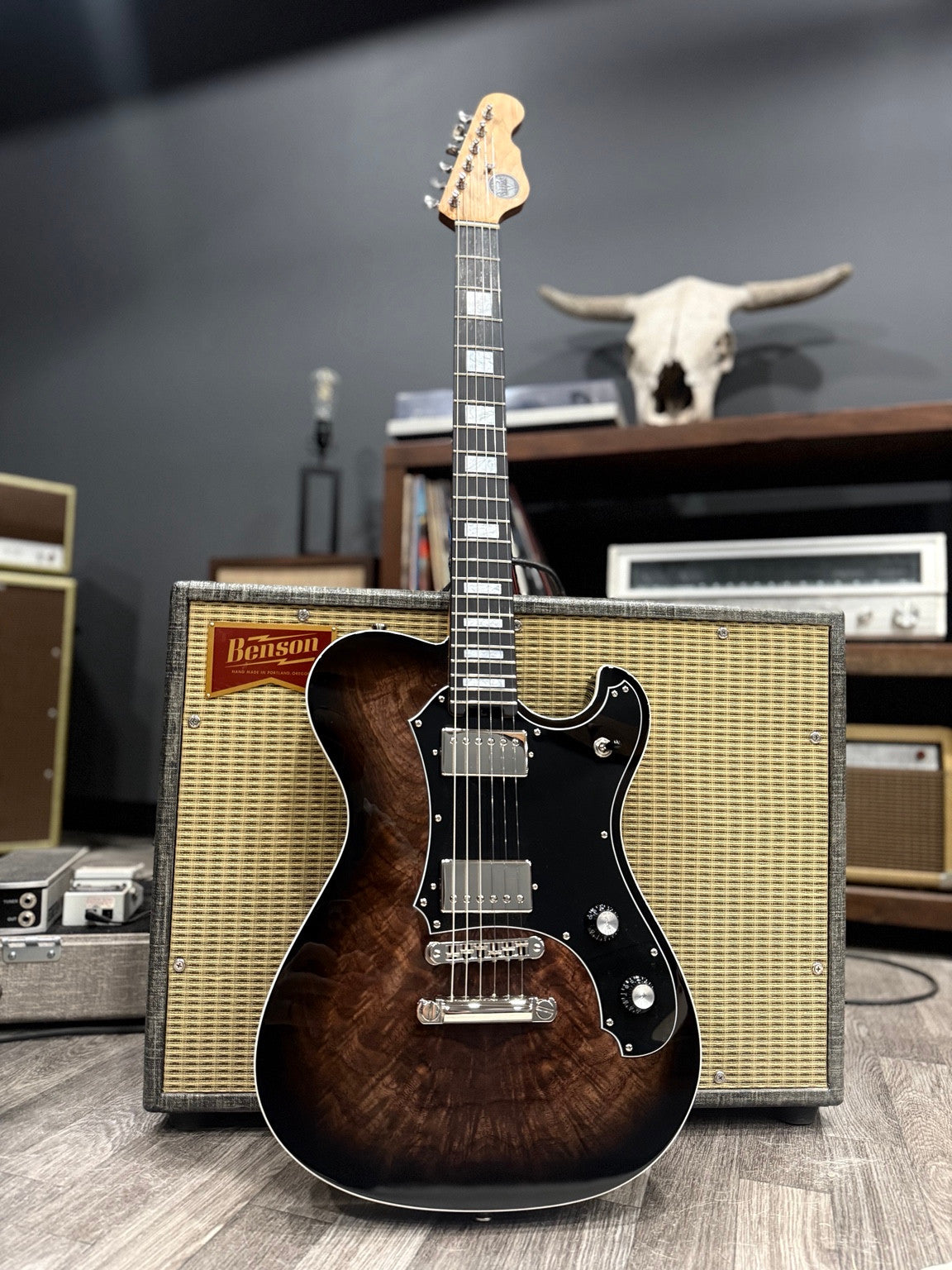 Full front view of Veritas Portlander #3338 with figured walnut Natural Burst top