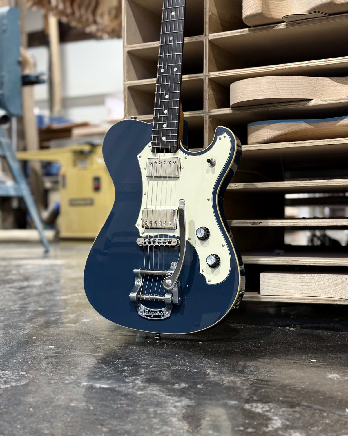 Close-up of Land Rover Blue Portlander body and Bigsby
